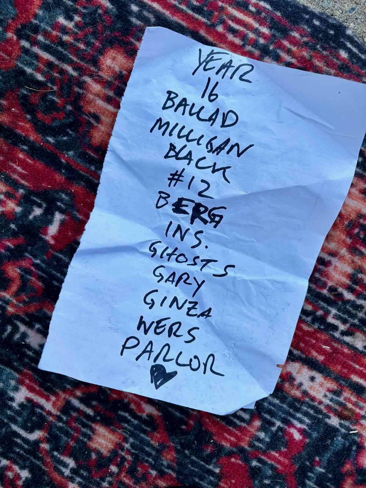 Handwritten Hunchback set list from Red Bank Porch Fest