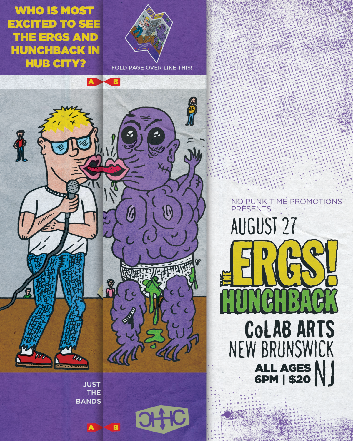 Folded flyer for The Ergs and Hunchback at CoLAB Arts on August 27