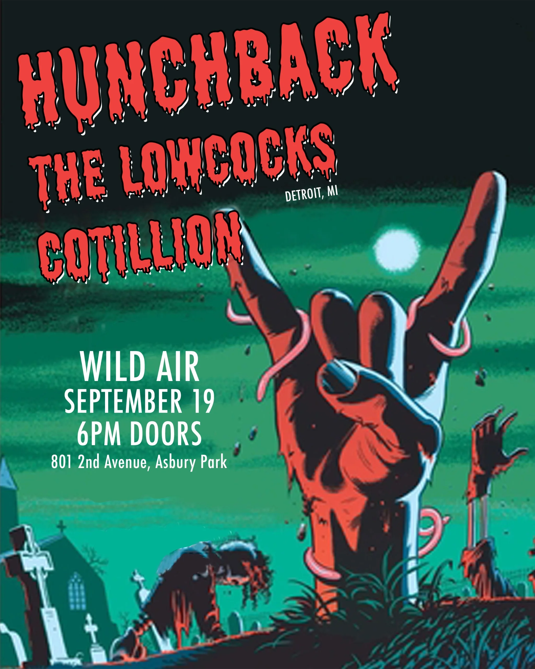 Flyer for Hunchback, The Lowcocks, and Cotillion at Wild Air Beerworks on September 19