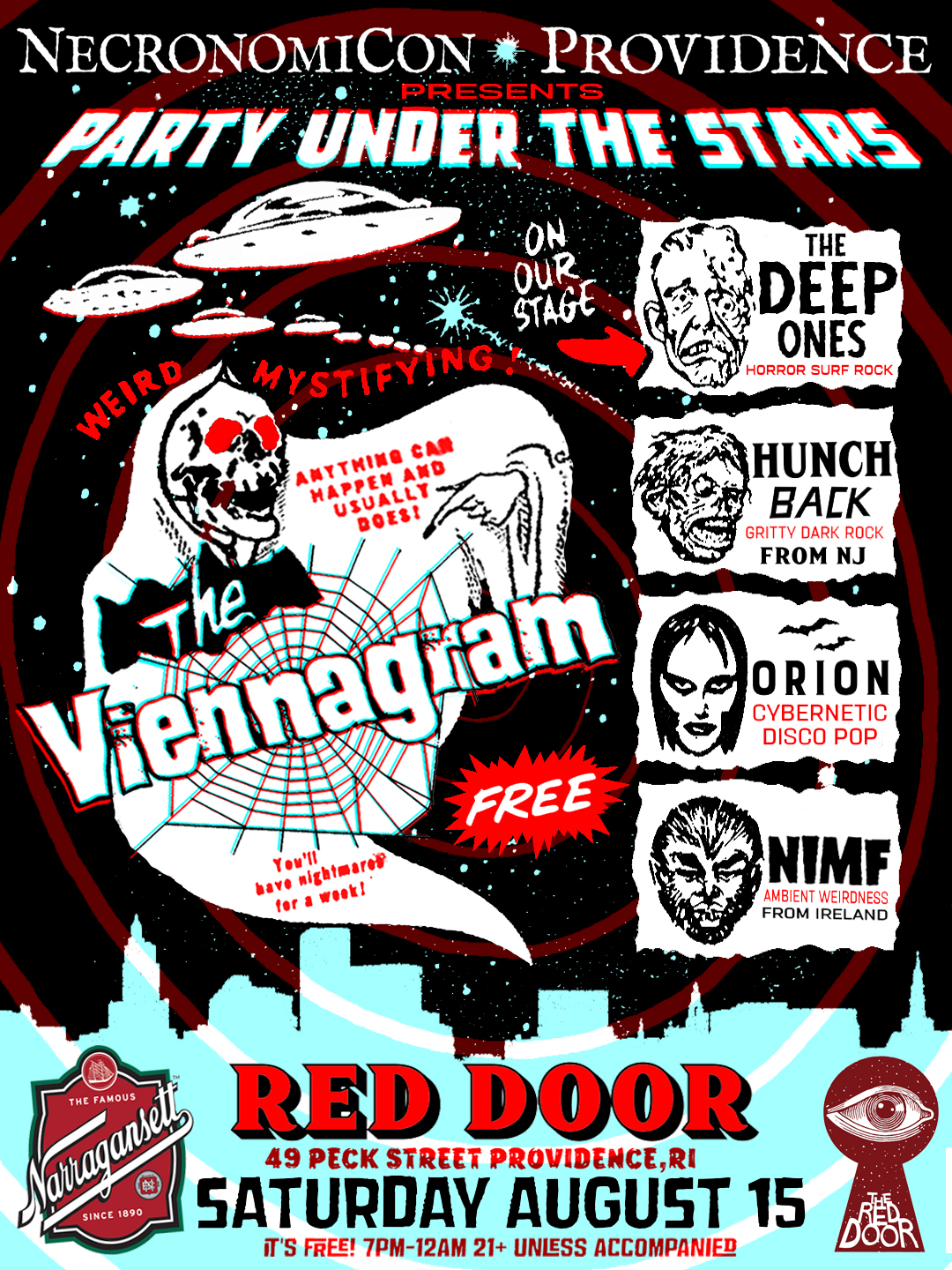 Flyer for NecronomiCon Providence Party Under the Stars at The Red Door on August 15