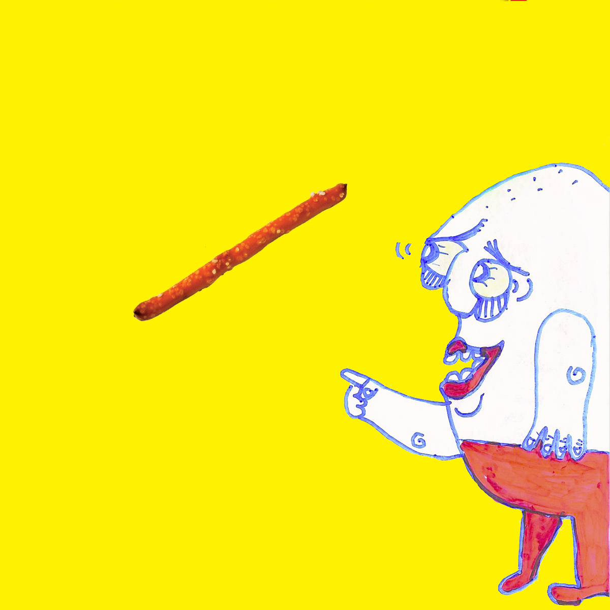 Cartoon figure pointing at a floating pretzel stick on a yellow background