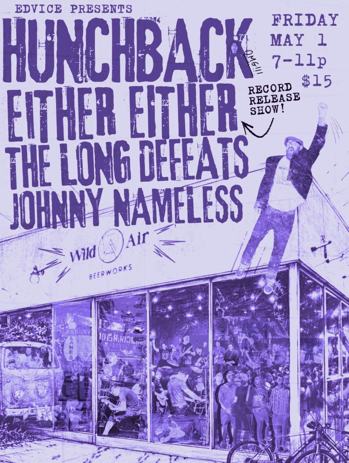 Flyer for the May 1 Hunchback show at Wild Air in Asbury Park with Either Either, The Long Defeats, and Johnny Nameless